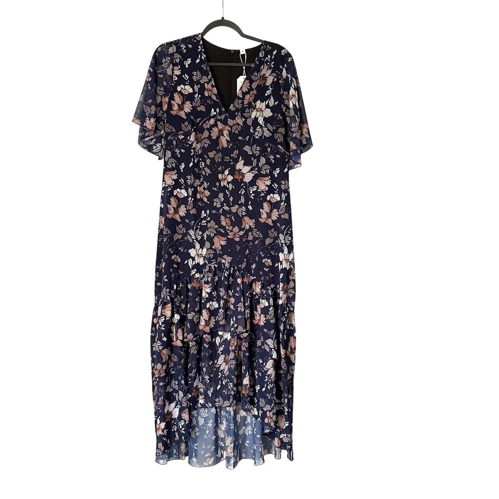 NWT Floral High Low Dress Navy‎ Blue Size Medium V-Neck Short Sleeve